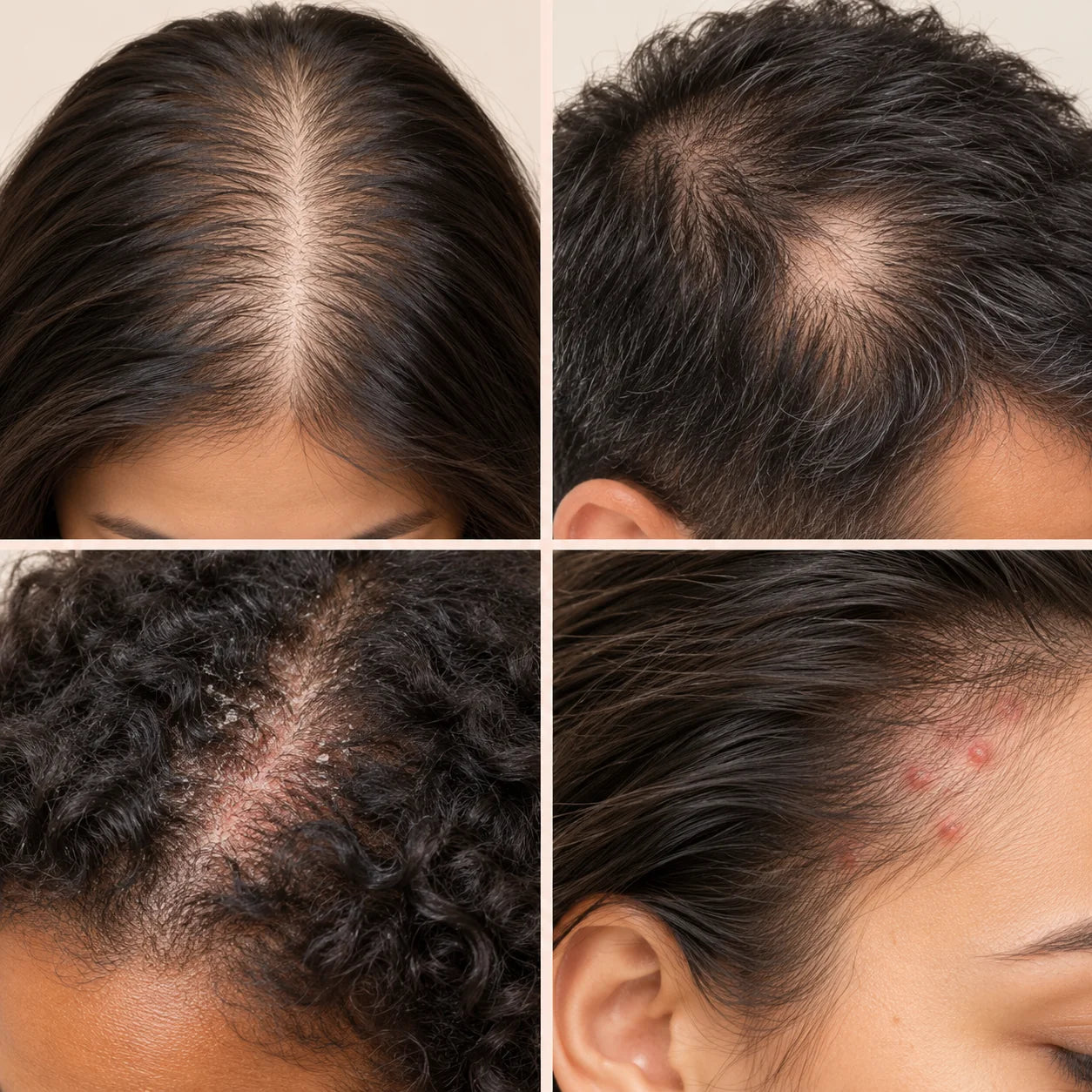 Educational examples of diffuse thinning, patchy hair loss, flaking and irritated scalp bumps