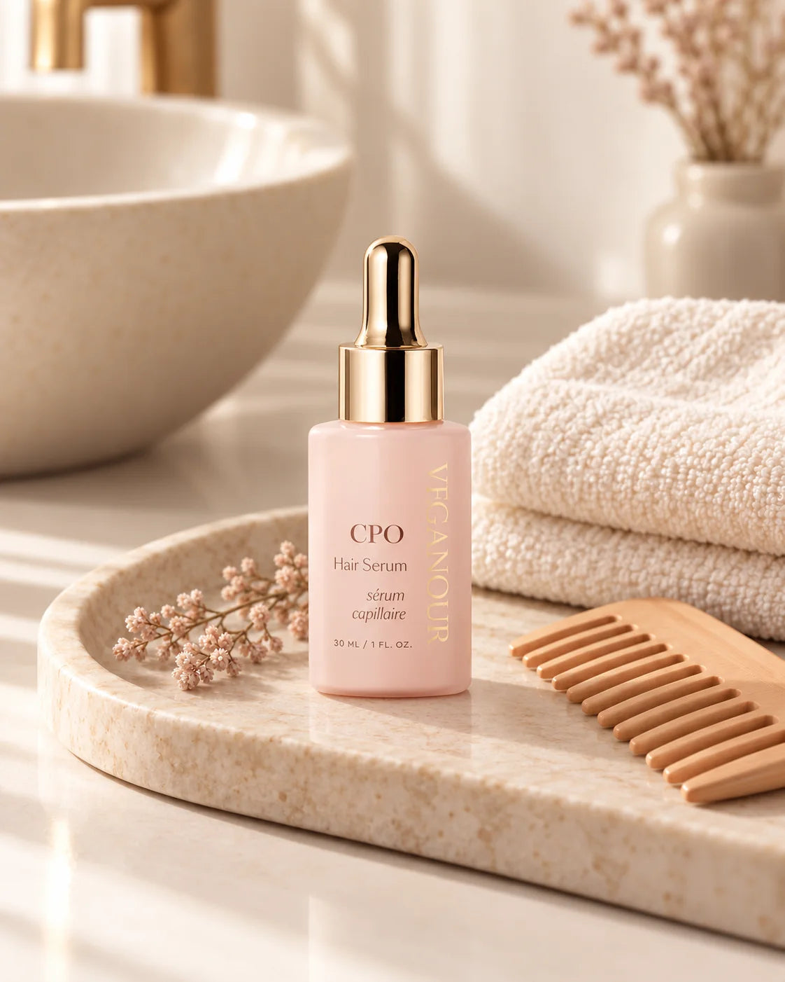 SerenVea CPO Hair Serum in a calm bathroom setting