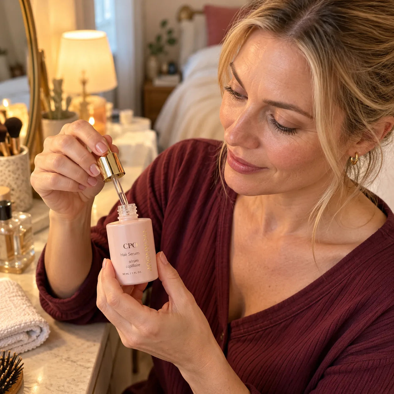 AI model opening the dropper of a CPO Hair Serum bottle at a vanity