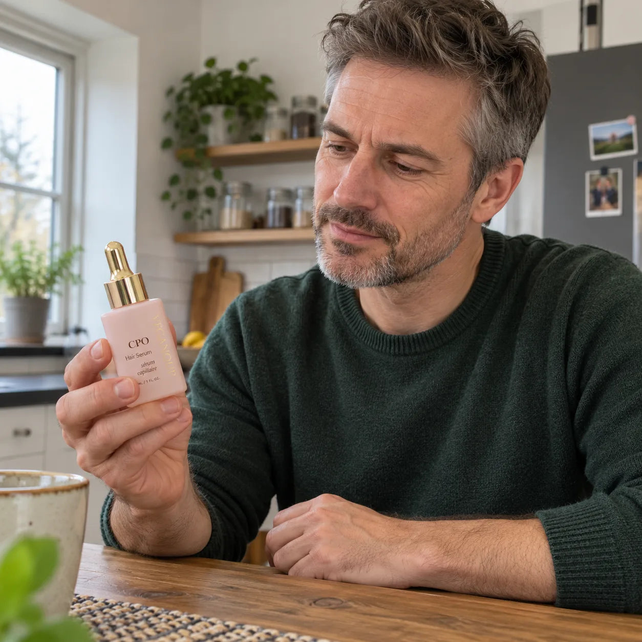 AI model seated at a kitchen table reading a CPO Hair Serum bottle