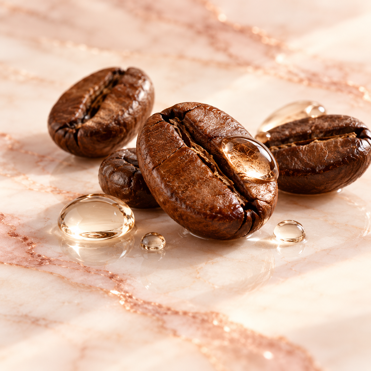 Coffee beans and serum droplets representing caffeine