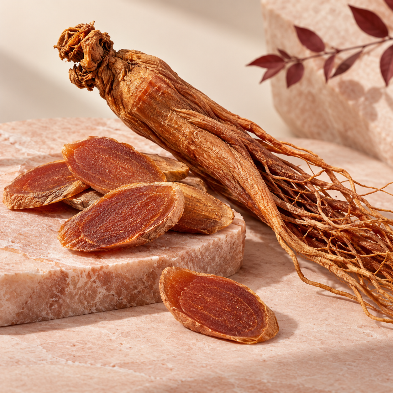 Korean red ginseng root and slices