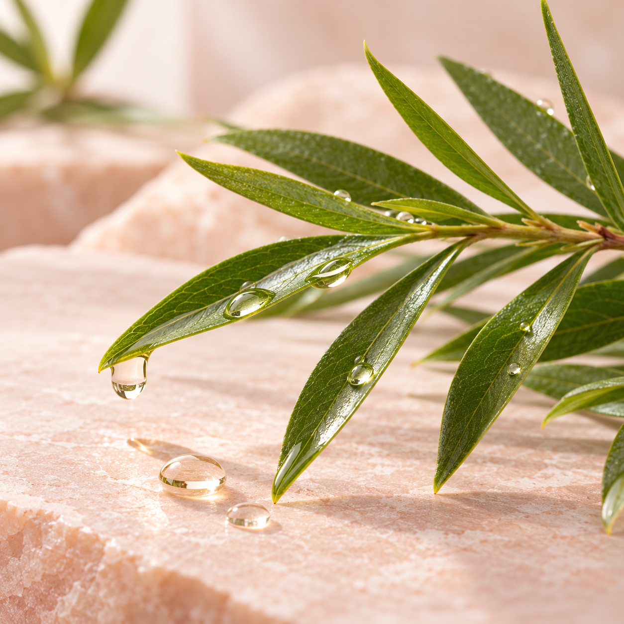 Tea tree leaves and clear oil droplets