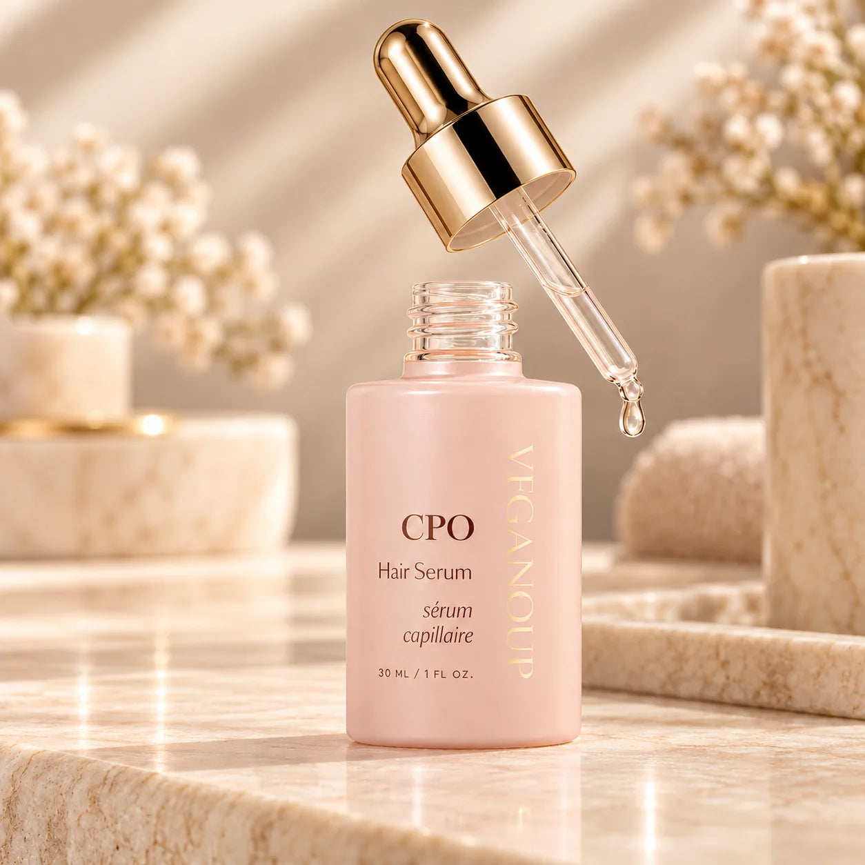 SerenVibeis CPO Hair Serum bottle with dropper and clear serum texture